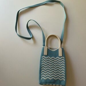 NEW Knit Fabric Small Crossbody Bag Rubber Handles Zig Zag Light Blue Beige Tan